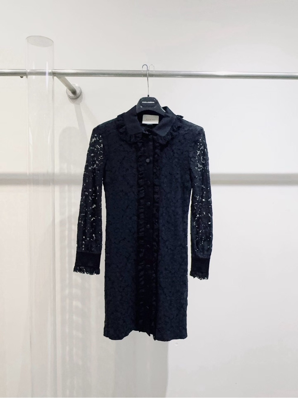 🚩steal Gucci Black Lace Long Sleeve Button-Front Dress